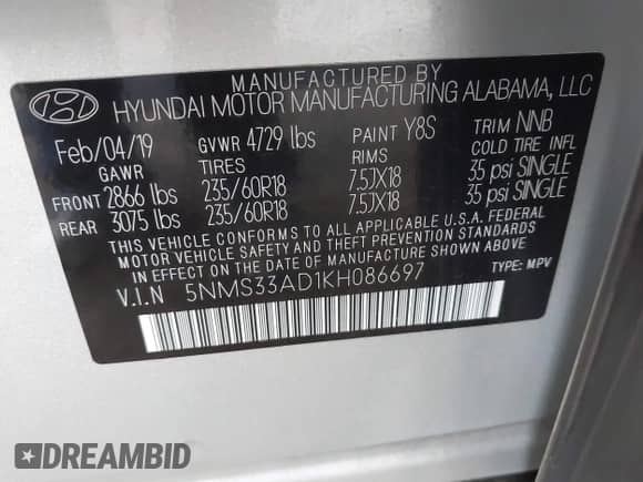 2019 Hyundai Santa Fe SEL with VIN 5NMS33AD1KH086697, listed as a IAAI auction lot 42702294 with 67,791 mi miles and . Bid and sale history available at DreamBid. Image 9.