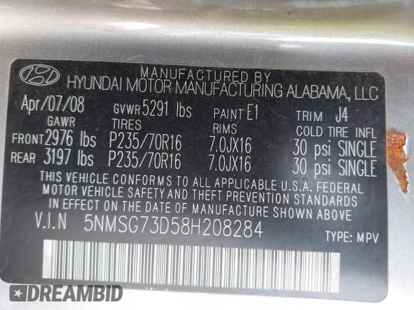 2008 Hyundai Santa Fe GLS с VIN 5NMSG73D58H208284, выставлен на аукционе IAAI как лот 42467282 с пробегом 163 987 миль миль и . История ставок и продаж доступна на DreamBid. Изображение 9.