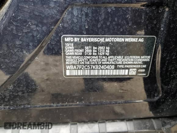 2019 BMW 7 Series 750i xDrive with VIN WBA7F2C57KB240408, listed as a Copart auction lot 75825244 with 125,702 mi miles and Salvage title. Bid and sale history available at DreamBid. Image 13.