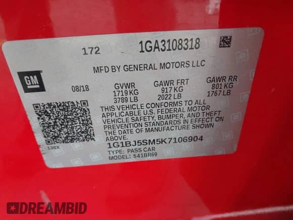 2019 Chevrolet Cruze z VIN 1G1BJ5SM5K7106904, wystawiony jako IAAI lot #42227518 z przebiegiem 91 946 mil mil oraz . Historia ofert i sprzedaży dostępna na DreamBid. Obrazek 9.