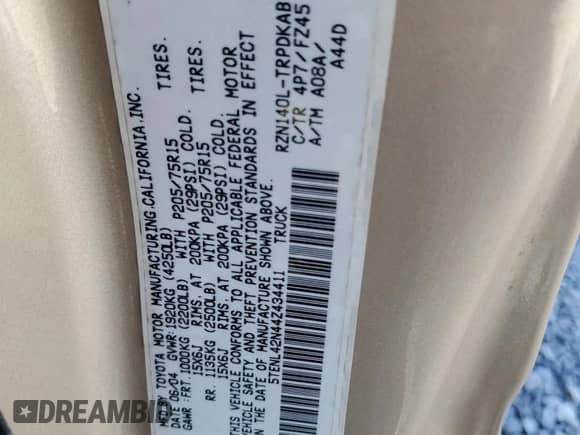 2004 Toyota Tacoma with VIN 5TENL42N44Z434411, listed as a Copart auction lot 84622045 with 70,554 mi miles and Salvage title. Bid and sale history available at DreamBid. Image 12.