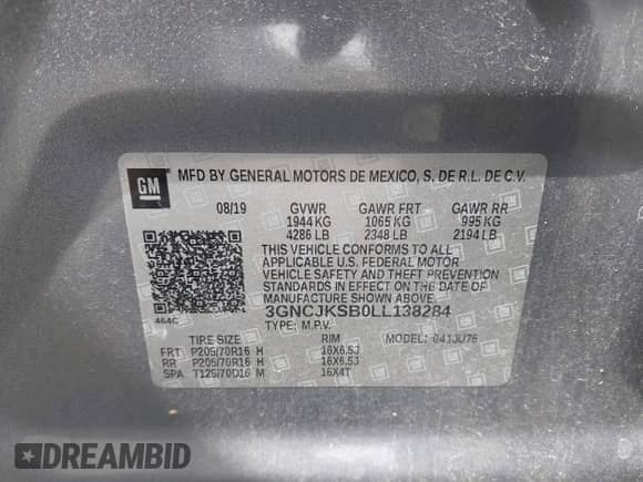 2020 Chevrolet Trax LS z VIN 3GNCJKSB0LL138284, wystawiony jako IAAI lot #43056543 z przebiegiem Nie podano mil oraz . Historia ofert i sprzedaży dostępna na DreamBid. Obrazek 9.