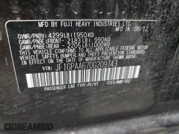 2013 Subaru Impreza 2.0i with VIN JF1GPAA67DG209743, listed as a Copart auction lot 86988894 with 97,999 mi miles and Salvage title. Bid and sale history available at DreamBid. Image 13.