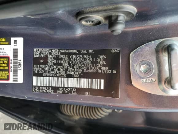 2007 Toyota Tundra Limited z VIN 5TFRV58137X020232, wystawiony jako Copart lot #86535285 z przebiegiem 176 818 mil mil oraz Szkoda całkowita • Salvage title. Historia ofert i sprzedaży dostępna na DreamBid. Obrazek 12.