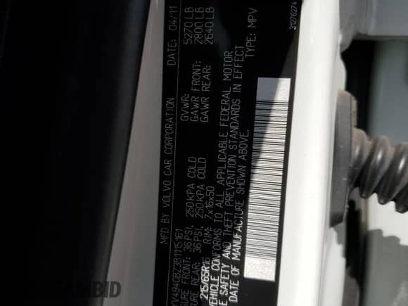 2011 Volvo XC70 3.2L with VIN YV4940BZ3B1115161, listed as a Copart auction lot 52045445 with 112,714 mi miles and Salvage title. Bid and sale history available at DreamBid. Image 14.