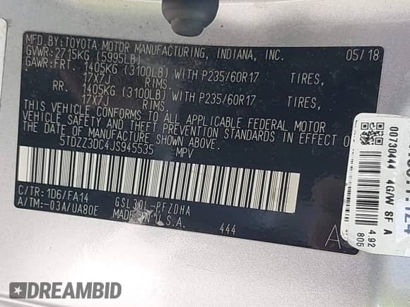 2018 Toyota Sienna L with VIN 5TDZZ3DC4JS945535, listed as a IAAI auction lot 42219652 with 129,059 mi miles and . Bid and sale history available at DreamBid. Image 9.