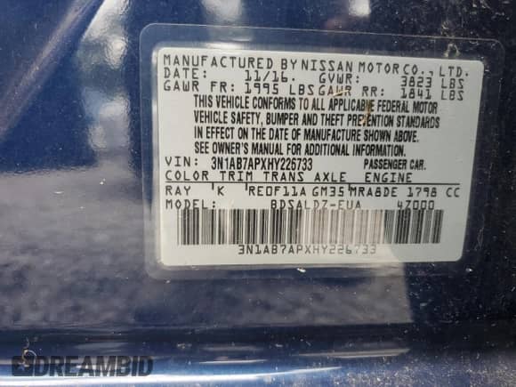 2017 Nissan Sentra S with VIN 3N1AB7APXHY226733, listed as a Copart auction lot 81222585 with 160,094 mi miles and Clean title. Bid and sale history available at DreamBid. Image 12.