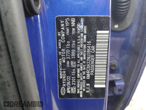 2022 Hyundai Venue Limited z VIN KMHRC8A32NU186416, wystawiony jako Copart lot #58872315 z przebiegiem 59 011 mil mil oraz Szkoda całkowita • Salvage title. Historia ofert i sprzedaży dostępna na DreamBid. Obrazek 12.