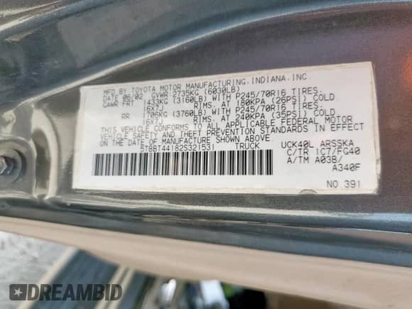 2002 Toyota Tundra SR5 z VIN 5TBBT44182S321531, wystawiony jako Copart lot #65466835 z przebiegiem Nie podano mil oraz Szkoda całkowita • Salvage title. Historia ofert i sprzedaży dostępna na DreamBid. Obrazek 12.