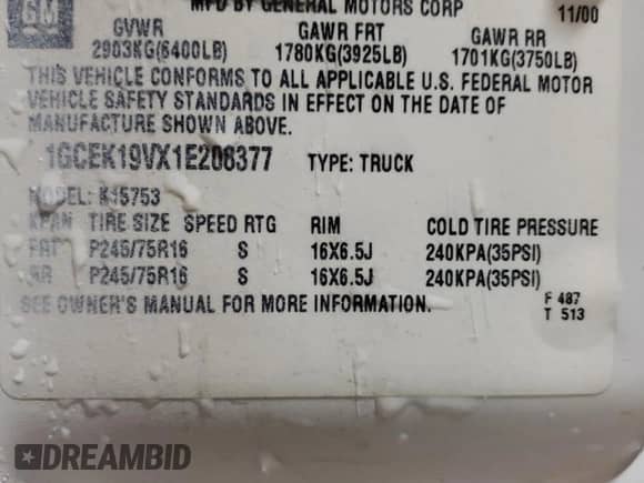 2001 Chevrolet Silverado 1500 LS z VIN 1GCEK19VX1E208377, wystawiony jako Copart lot #83016454 z przebiegiem 104 764 mil mil oraz Szkoda całkowita • Salvage title. Historia ofert i sprzedaży dostępna na DreamBid. Obrazek 13.