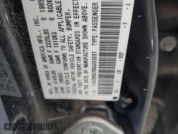 2006 Honda Accord EX with VIN 1HGCM56786A002697, listed as a Copart auction lot 87218115 with 177,677 mi miles and Salvage title. Bid and sale history available at DreamBid. Image 12.