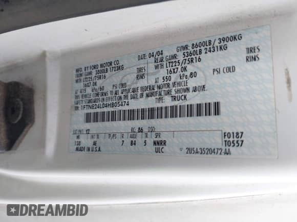 2004 Ford Econoline Cargo с VIN 1FTNE24L04HB05474, выставлен на аукционе IAAI как лот 41320247 с пробегом 153 216 миль миль и . История ставок и продаж доступна на DreamBid. Изображение 9.