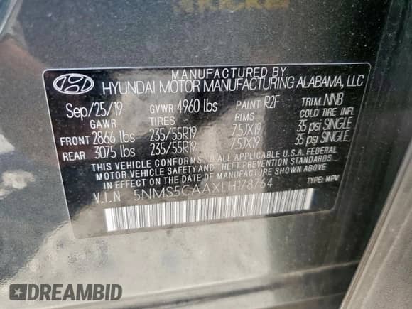 2020 Hyundai Santa Fe Limited with VIN 5NMS5CAAXLH178764, listed as a Copart auction lot 85191195 with 58,025 mi miles and Salvage title. Bid and sale history available at DreamBid. Image 13.