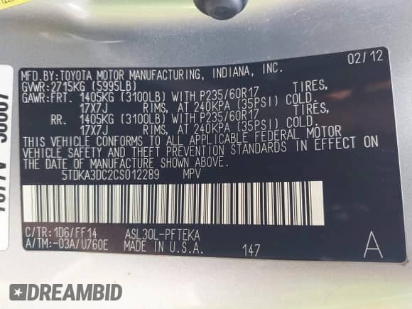 2012 Toyota Sienna с VIN 5TDKA3DC2CS012289, выставлен на аукционе IAAI как лот 39810920 с пробегом 90 330 миль миль и . История ставок и продаж доступна на DreamBid. Изображение 9.