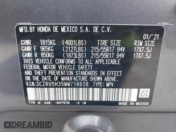2021 Honda HR-V LX with VIN 3CZRU5H35MM716638, listed as a IAAI auction lot 42478896 with 81,677 mi miles and . Bid and sale history available at DreamBid. Image 9.