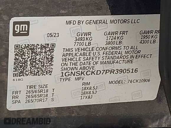 2023 Chevrolet Suburban LT с VIN 1GNSKCKD7PR390516, выставлен на аукционе IAAI как лот 41640622 с пробегом 42 803 миль миль и . История ставок и продаж доступна на DreamBid. Изображение 9.