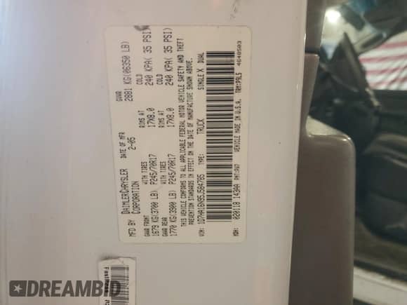 2005 Dodge 1500 SLT with VIN 1D7HA16N95J584785, listed as a Copart auction lot 55335995 with 243,274 mi miles and Salvage title. Bid and sale history available at DreamBid. Image 12.