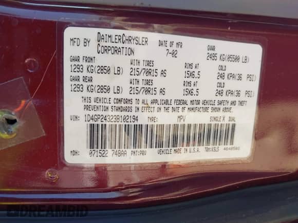 2003 Dodge Caravan SE with VIN 1D4GP24323B102194, listed as a IAAI auction lot 43370717 with 129,127 mi miles and . Bid and sale history available at DreamBid. Image 9.