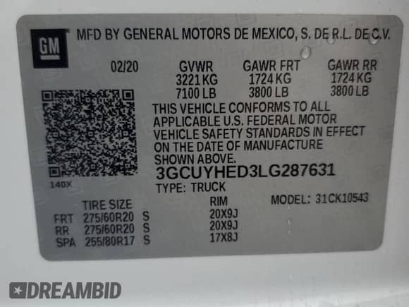 2020 Chevrolet Silverado 1500 High Country with VIN 3GCUYHED3LG287631, listed as a Copart auction lot 83808964 with Not provided miles and Salvage title. Bid and sale history available at DreamBid. Image 12.