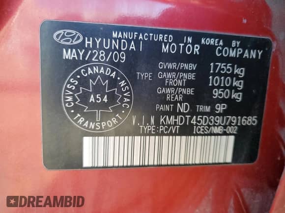 2009 Hyundai Elantra с VIN KMHDT45D39U791685, выставлен на аукционе Copart как лот 85499015 с пробегом 113 745 миль миль и На запчасти • Non repairable. История ставок и продаж доступна на DreamBid. Изображение 12.