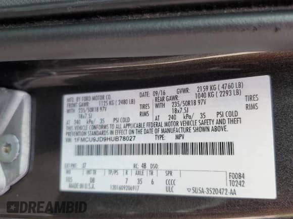 2017 Ford Escape Titanium с VIN 1FMCU9JD9HUB78027, выставлен на аукционе Copart как лот 61506485 с пробегом 137 565 миль миль и Чистый • Clean title. История ставок и продаж доступна на DreamBid. Изображение 13.