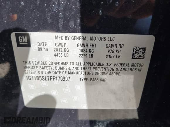 2015 Chevrolet Malibu LS с VIN 1G11B5SL7FF170907, выставлен на аукционе IAAI как лот 43259219 с пробегом 101 155 миль миль и . История ставок и продаж доступна на DreamBid. Изображение 9.