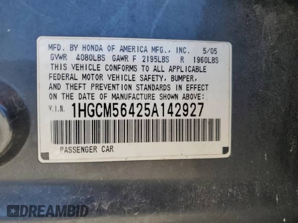 2005 Honda Accord LX with VIN 1HGCM56425A142927, listed as a Copart auction lot 84926065 with 150,680 mi miles and Salvage title. Bid and sale history available at DreamBid. Image 12.