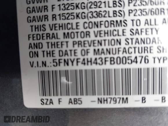 2015 Honda Pilot EX с VIN 5FNYF4H43FB005476, выставлен на аукционе IAAI как лот 43441566 с пробегом 121 571 миль миль и . История ставок и продаж доступна на DreamBid. Изображение 9.