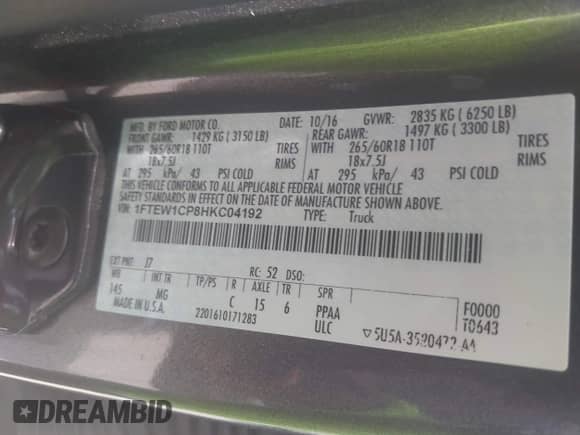 2017 Ford F-150 XL z VIN 1FTEW1CP8HKC04192, wystawiony jako IAAI lot #43060411 z przebiegiem 142 674 mil mil oraz . Historia ofert i sprzedaży dostępna na DreamBid. Obrazek 9.