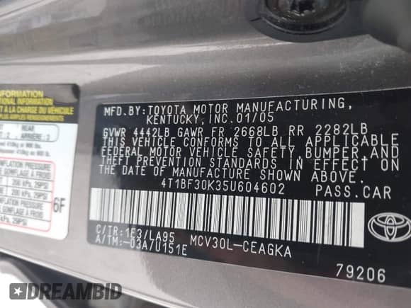 2005 Toyota Camry LE z VIN 4T1BF30K35U604602, wystawiony jako IAAI lot #43415458 z przebiegiem 217 265 mil mil oraz . Historia ofert i sprzedaży dostępna na DreamBid. Obrazek 9.