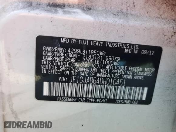 2013 Subaru Impreza Premium с VIN JF1GJAB64DH010451, выставлен на аукционе Copart как лот 84473725 с пробегом Не указан миль и Списание • Salvage title. История ставок и продаж доступна на DreamBid. Изображение 12.