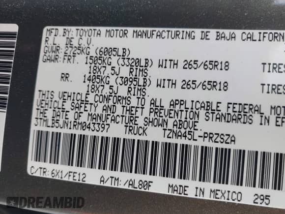 2024 Toyota Tacoma SR5 with VIN 3TMLB5JN1RM043397, listed as a IAAI auction lot 42181997 with 9,254 mi miles and . Bid and sale history available at DreamBid. Image 9.