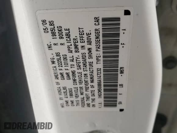 2006 Honda Accord EX-L с VIN 1HGCM56886A147232, выставлен на аукционе Copart как лот 81549425 с пробегом 237 848 миль миль и Списание • Salvage title. История ставок и продаж доступна на DreamBid. Изображение 12.