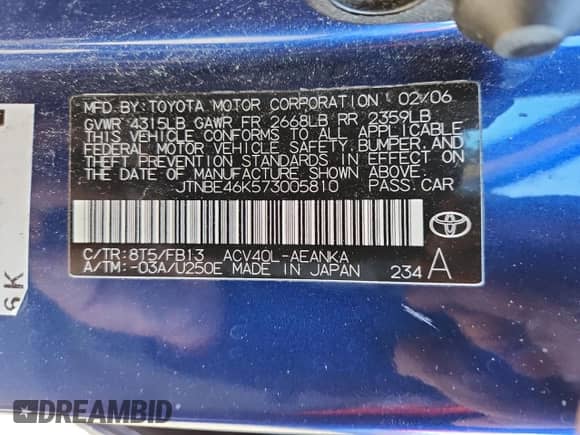 2007 Toyota Camry CE with VIN JTNBE46K573005810, listed as a Copart auction lot 84782265 with 203,129 mi miles and Clean title. Bid and sale history available at DreamBid. Image 12.