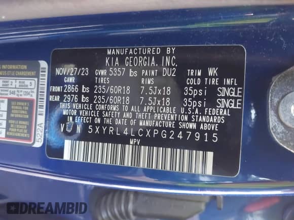2023 Kia Sorento S with VIN 5XYRL4LCXPG247915, listed as a IAAI auction lot 43205776 with 37,358 mi miles and . Bid and sale history available at DreamBid. Image 9.