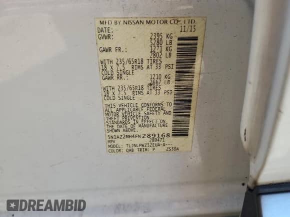 2015 Nissan Murano Platinum with VIN 5N1AZ2MH4FN289168, listed as a Copart auction lot 86523295 with 96,881 mi miles and Salvage title. Bid and sale history available at DreamBid. Image 13.