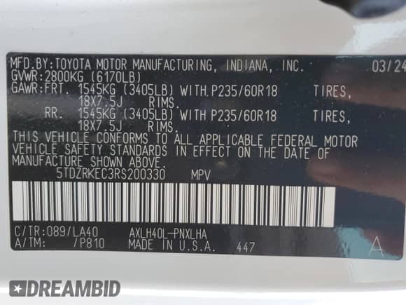 2024 Toyota Sienna Limited с VIN 5TDZRKEC3RS200330, выставлен на аукционе Copart как лот 84029504 с пробегом 11 670 миль миль и Списание • Salvage title. История ставок и продаж доступна на DreamBid. Изображение 15.