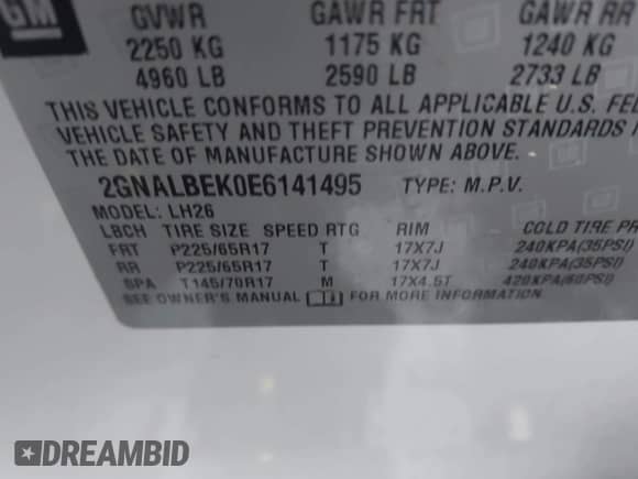 2014 Chevrolet Equinox LT с VIN 2GNALBEK0E6141495, выставлен на аукционе IAAI как лот 43549361 с пробегом 208 089 миль миль и . История ставок и продаж доступна на DreamBid. Изображение 9.