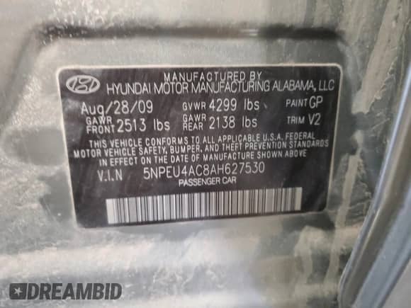 2010 Hyundai Sonata SE с VIN 5NPEU4AC8AH627530, выставлен на аукционе Copart как лот 51762365 с пробегом 191 011 миль миль и На запчасти • Non repairable. История ставок и продаж доступна на DreamBid. Изображение 12.