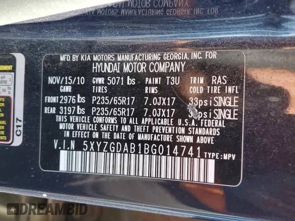 2011 Hyundai Santa Fe GLS с VIN 5XYZGDAB1BG014741, выставлен на аукционе Copart как лот 89664505 с пробегом 172 804 миль миль и Чистый • Clean title. История ставок и продаж доступна на DreamBid. Изображение 13.