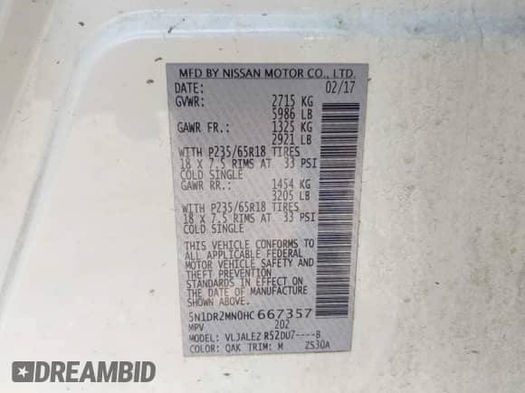 2017 Nissan Pathfinder S with VIN 5N1DR2MN0HC667357, listed as a IAAI auction lot 42150239 with 139,366 mi miles and . Bid and sale history available at DreamBid. Image 9.