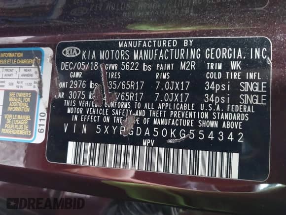 2019 Kia Sorento LX with VIN 5XYPGDA50KG554342, listed as a IAAI auction lot 42756320 with 124,141 mi miles and . Bid and sale history available at DreamBid. Image 9.