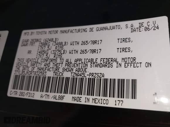 2024 Toyota Tacoma SR5 with VIN 3TYLB5JN3RT032583, listed as a IAAI auction lot 41404527 with 7,130 mi miles and . Bid and sale history available at DreamBid. Image 9.