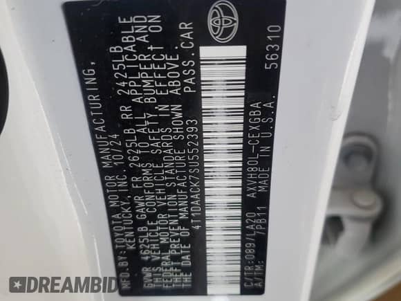 2025 Toyota Camry LE with VIN 4T1DAACK7SU552393, listed as a Copart auction lot 84417645 with 10,032 mi miles and Salvage title. Bid and sale history available at DreamBid. Image 13.