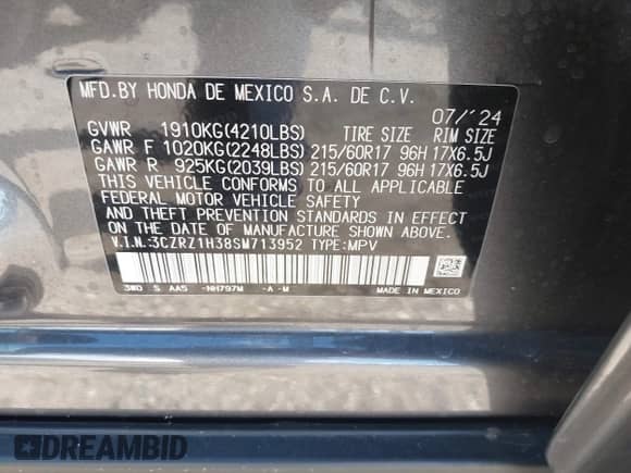 2025 Honda HR-V LX with VIN 3CZRZ1H38SM713952, listed as a IAAI auction lot 42744829 with 5,926 mi miles and . Bid and sale history available at DreamBid. Image 9.