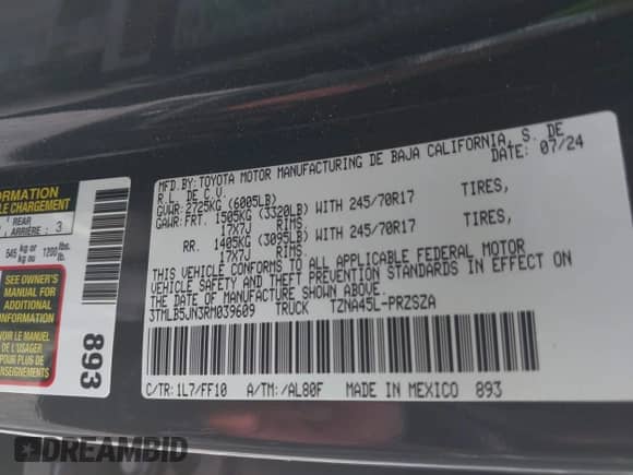 2024 Toyota Tacoma SR5 z VIN 3TMLB5JN3RM039609, wystawiony jako IAAI lot #42811469 z przebiegiem 19 681 mil mil oraz . Historia ofert i sprzedaży dostępna na DreamBid. Obrazek 9.