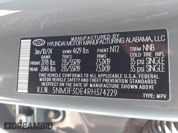 2024 Hyundai Tucson SEL z VIN 5NMJF3DE4RH374229, wystawiony jako IAAI lot #43004622 z przebiegiem 12 392 mil mil oraz . Historia ofert i sprzedaży dostępna na DreamBid. Obrazek 9.