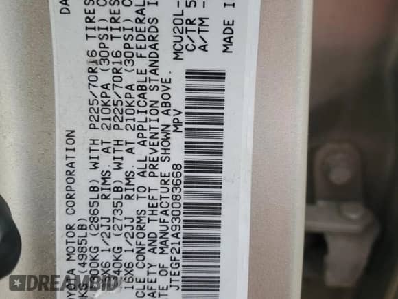 2003 Toyota Highlander с VIN JTEGF21A930083668, выставлен на аукционе Copart как лот 81453005 с пробегом 182 952 миль миль и Списание • Salvage title. История ставок и продаж доступна на DreamBid. Изображение 13.