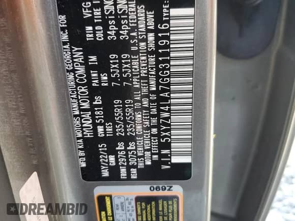 2016 Hyundai Santa Fe с VIN 5XYZW4LA7GG311916, выставлен на аукционе Copart как лот 59657825 с пробегом 152 463 миль миль и Списание • Salvage title. История ставок и продаж доступна на DreamBid. Изображение 13.