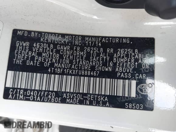 2015 Toyota Camry SE z VIN 4T1BF1FKXFU888467, wystawiony jako IAAI lot #43317249 z przebiegiem 205 696 mil mil oraz . Historia ofert i sprzedaży dostępna na DreamBid. Obrazek 9.